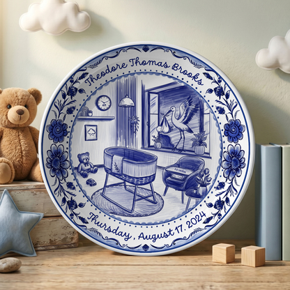 Blue Toile Nursery Room with Stork and Floral Border Personalized Birthday Plate P62FUK0a1