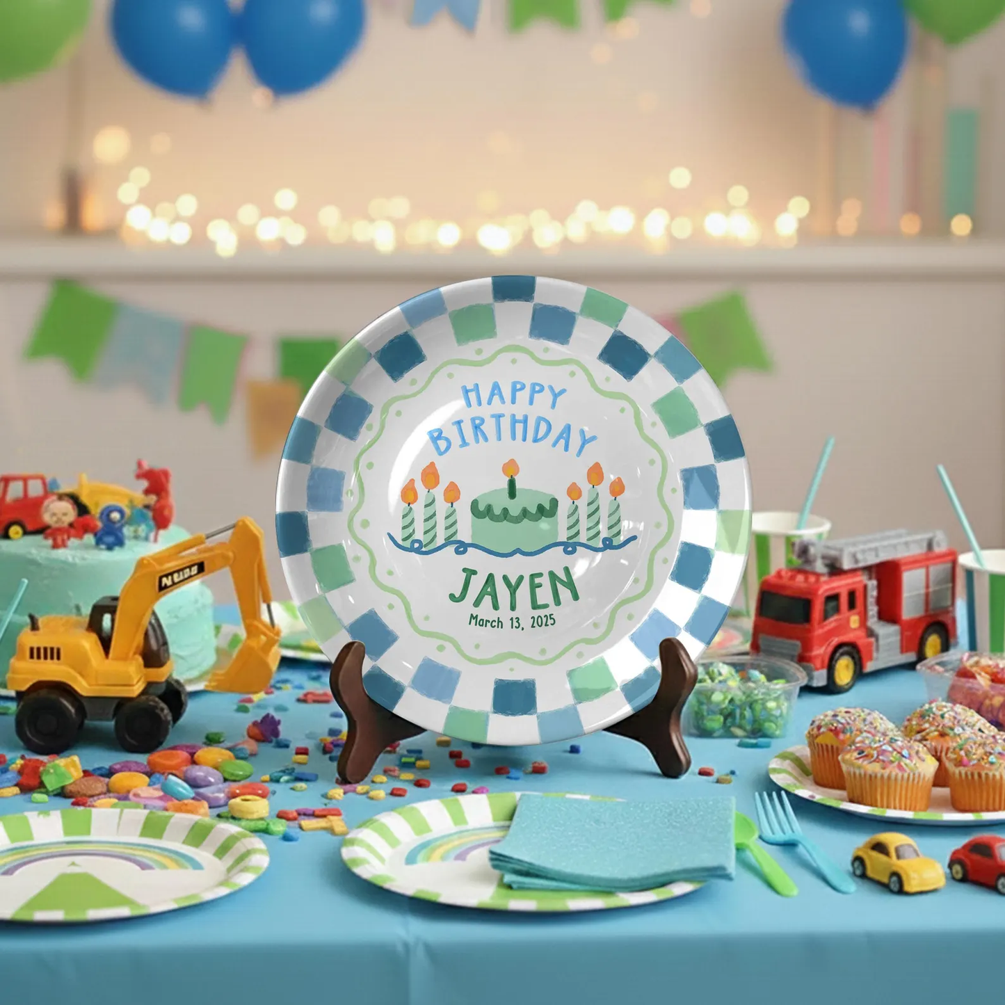 Blue Green Checkered Personalized Birthday Plate P418VAW0