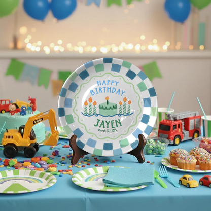 Blue Green Checkered Personalized Birthday Plate P418VAW0