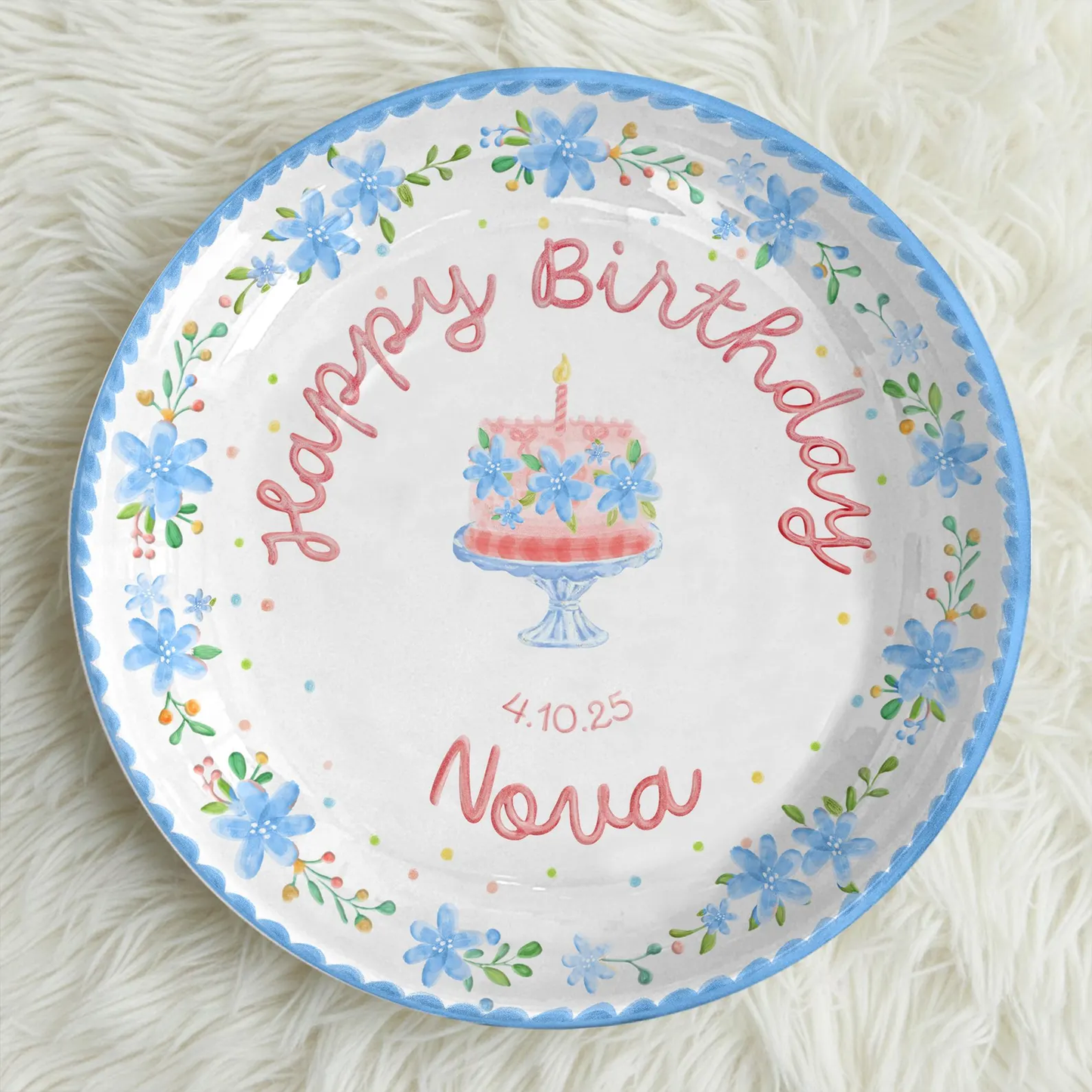 Soft Blue Floral Birthday Cake Personalized Birthday Plate P55EXJ0