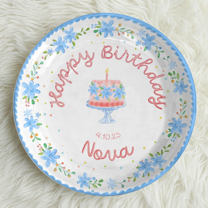 Soft Blue Floral Birthday Cake Personalized Birthday Plate P55EXJ0