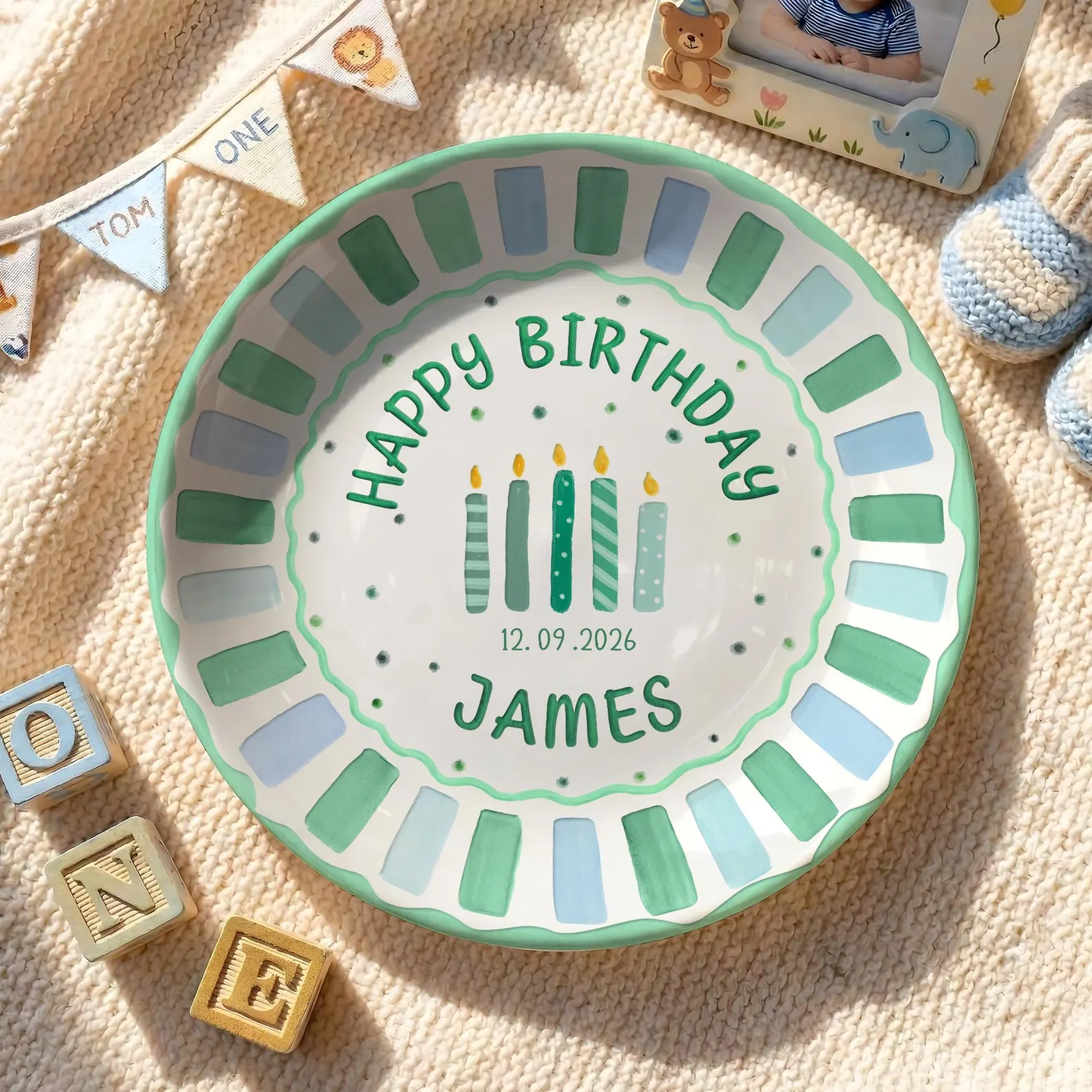 Green and Blue Striped Candle Birthday Personalized Birthday Plate P514G5K0