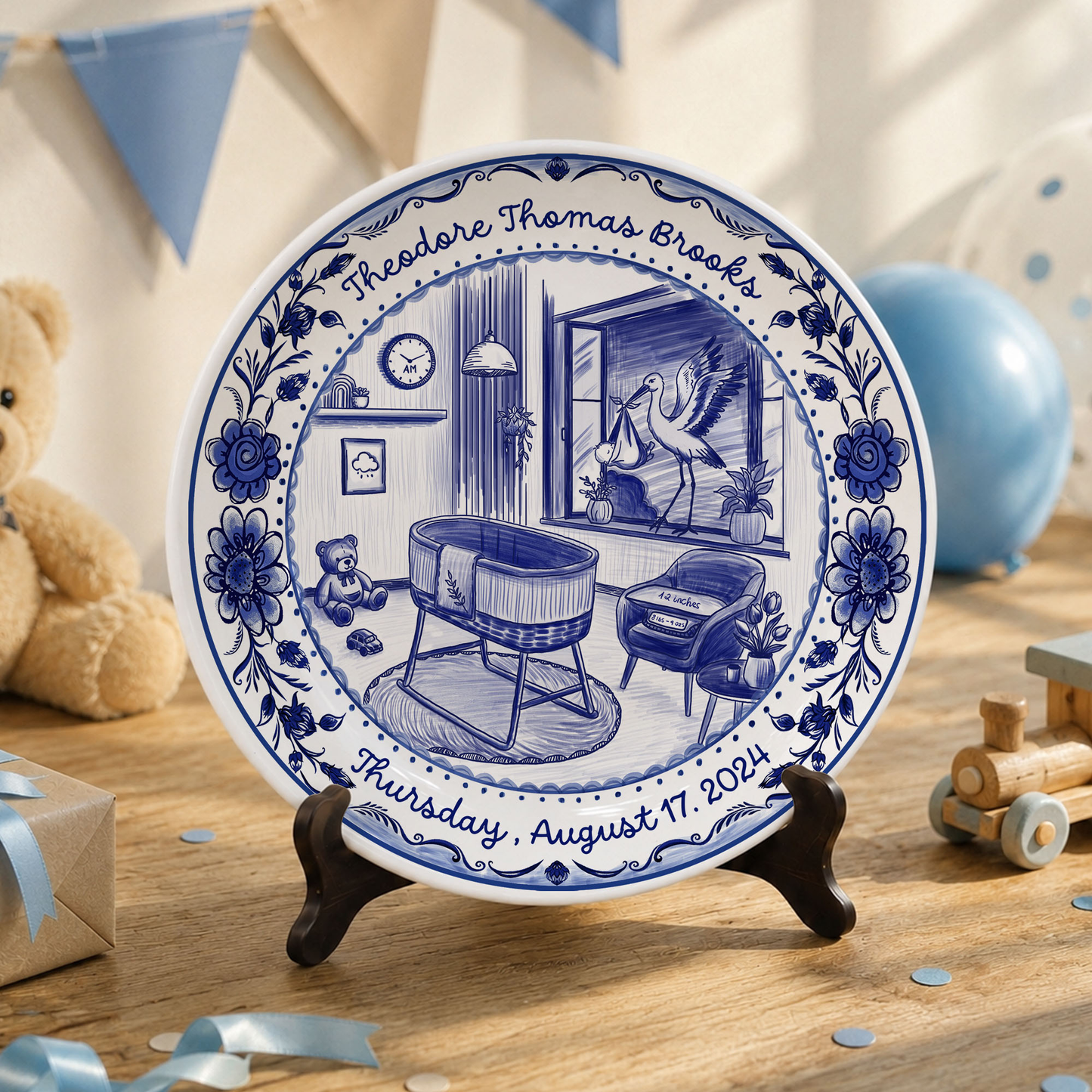 Blue Toile Nursery Room with Stork and Floral Border Personalized Birthday Plate P62FUK0a1