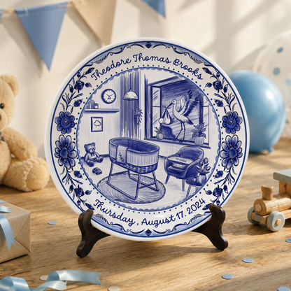 Blue Toile Nursery Room with Stork and Floral Border Personalized Birthday Plate P62FUK0a1