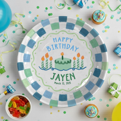 Blue Green Checkered Personalized Birthday Plate P418VAW0