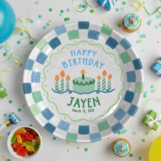 Blue Green Checkered Personalized Birthday Plate P418VAW0