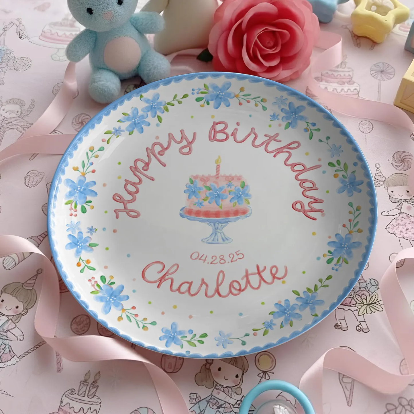 Soft Blue Floral Birthday Cake Personalized Birthday Plate P55EXJ0