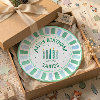Green and Blue Striped Candle Birthday Personalized Birthday Plate P514G5K0