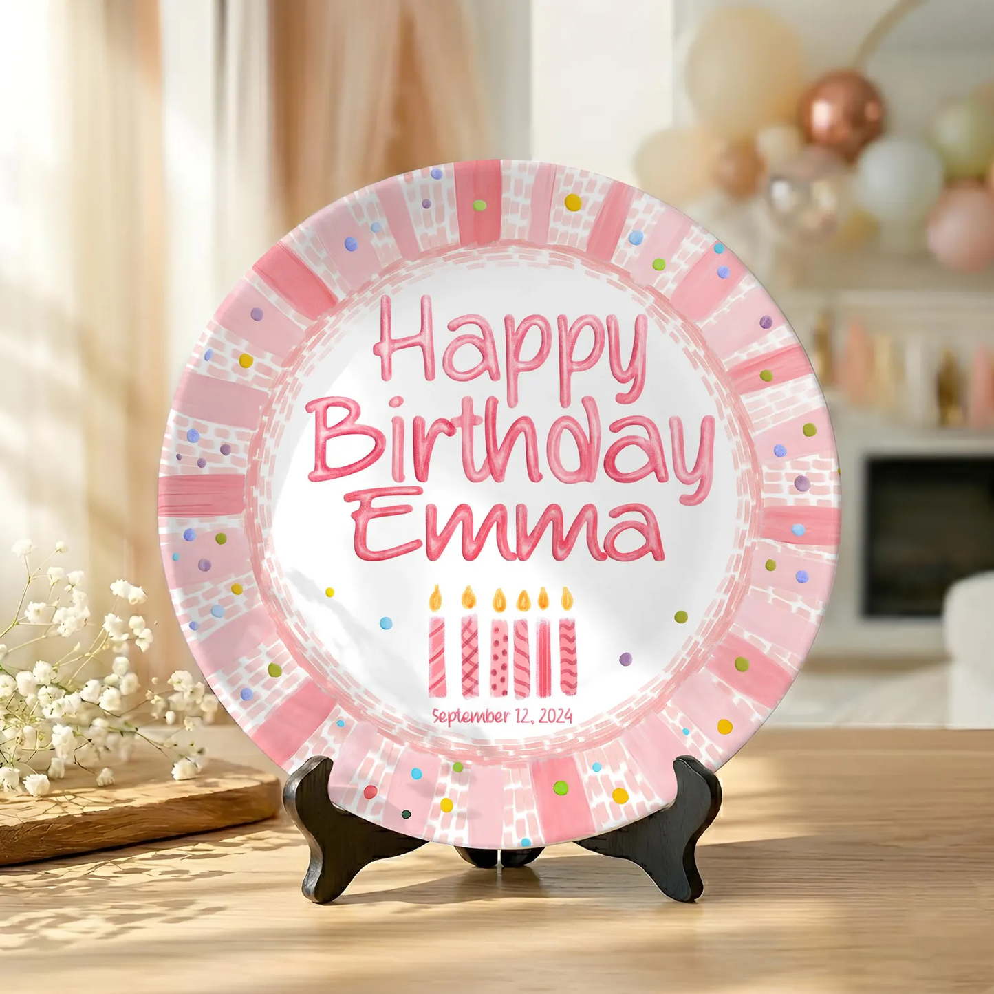 Pink Striped Confetti Border with Birthday Candles Personalized Birthday Plate P428PVR0