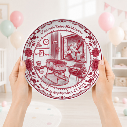 Red Toile Nursery Room with Stork and Floral Border Personalized Birthday Plate P62FUK0