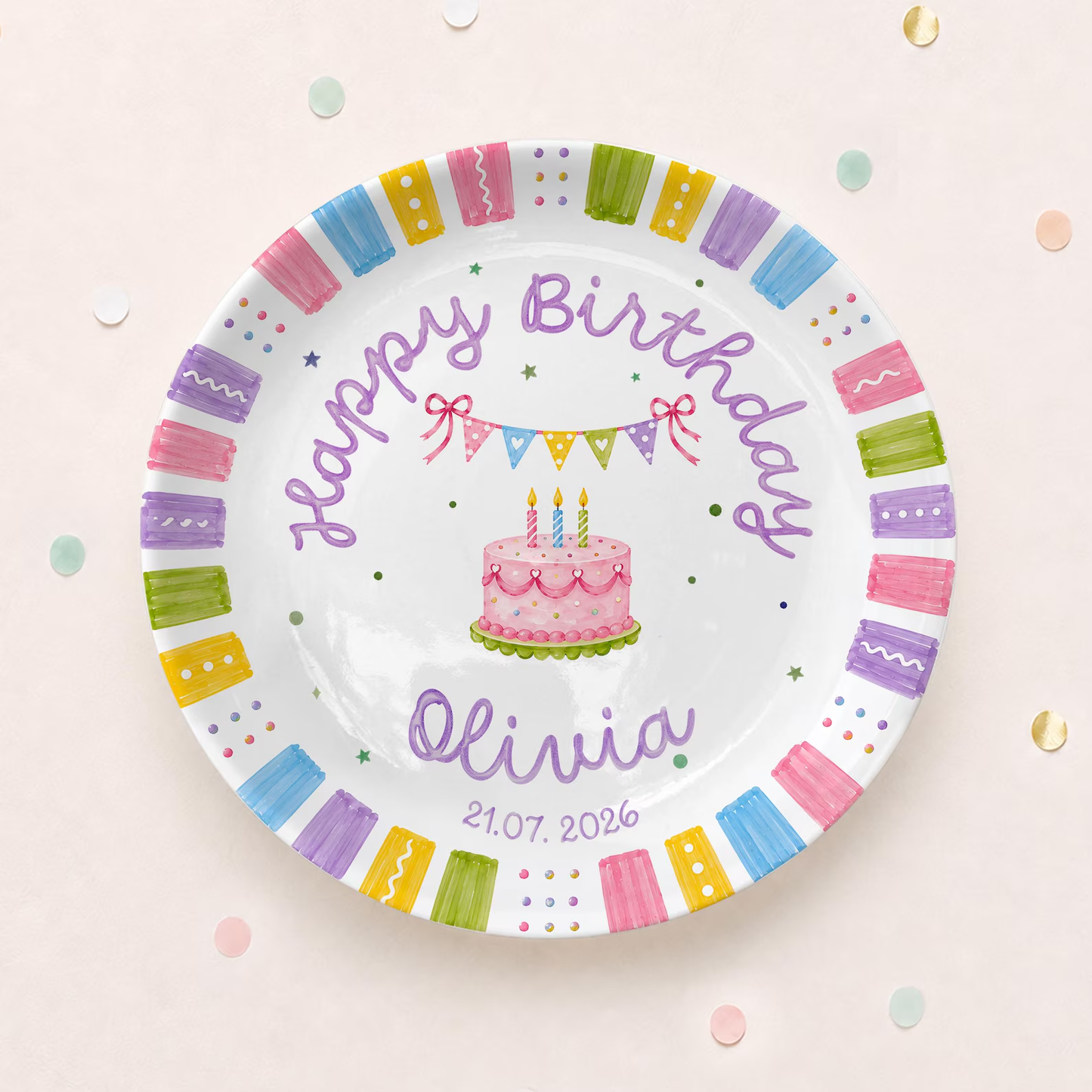 Pastel Colorful Border Personalized Birthday Plate D610BW20