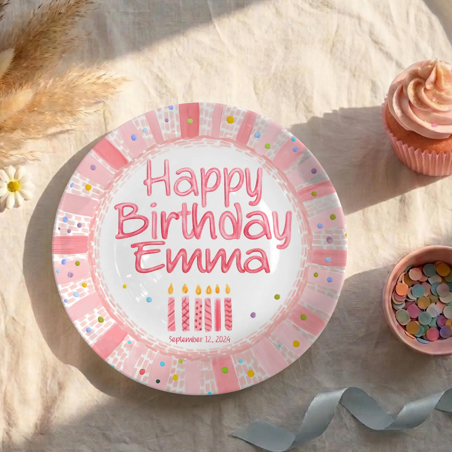 Pink Striped Confetti Border with Birthday Candles Personalized Birthday Plate P428PVR0