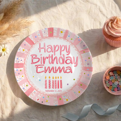 Pink Striped Confetti Border with Birthday Candles Personalized Birthday Plate P428PVR0