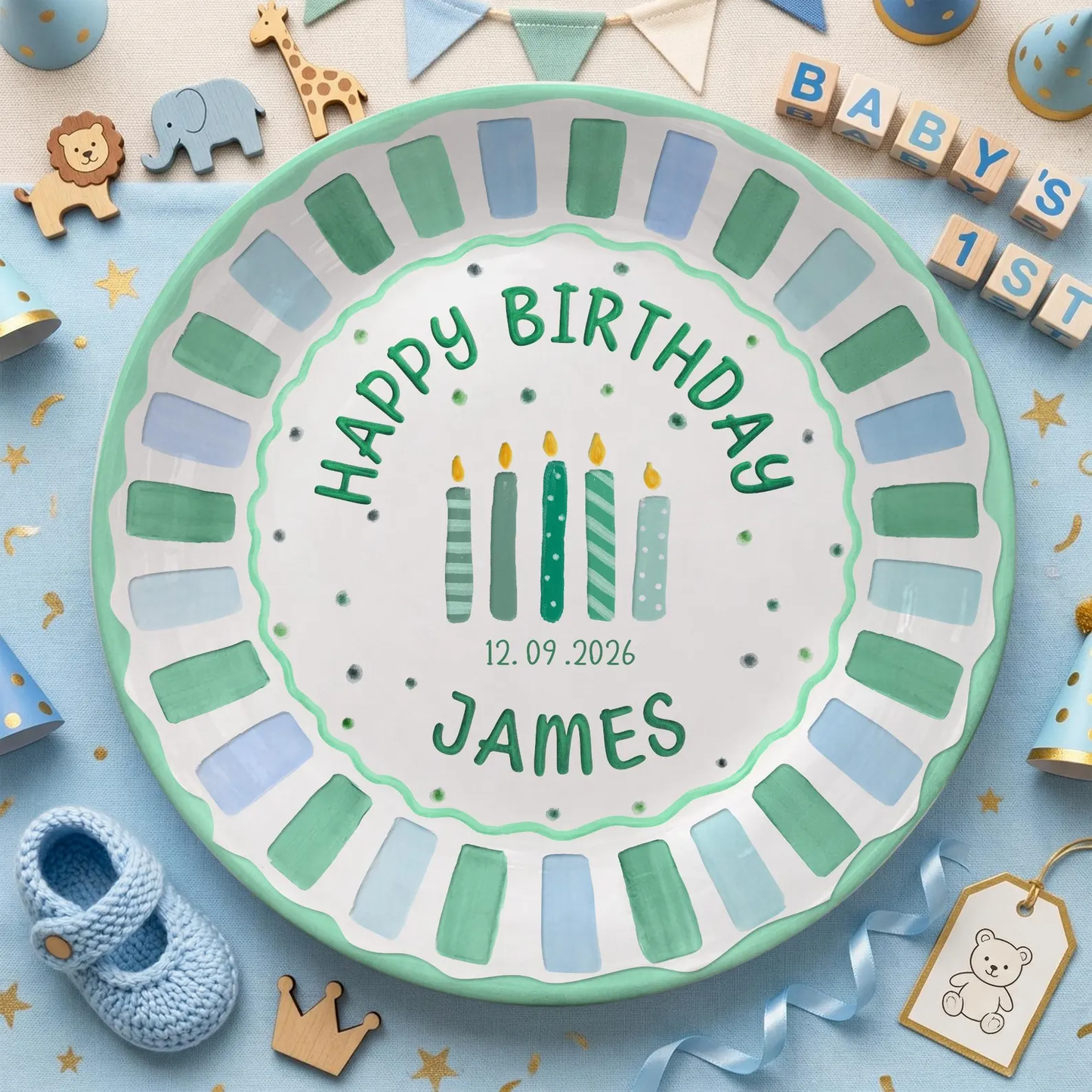 Green and Blue Striped Candle Birthday Personalized Birthday Plate P514G5K0