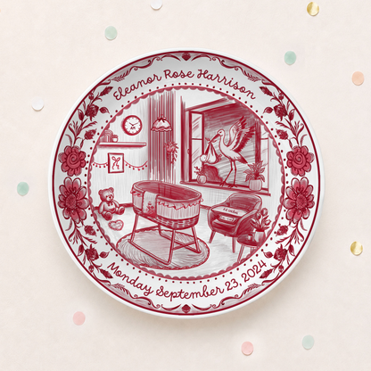 Red Toile Nursery Room with Stork and Floral Border Personalized Birthday Plate P62FUK0