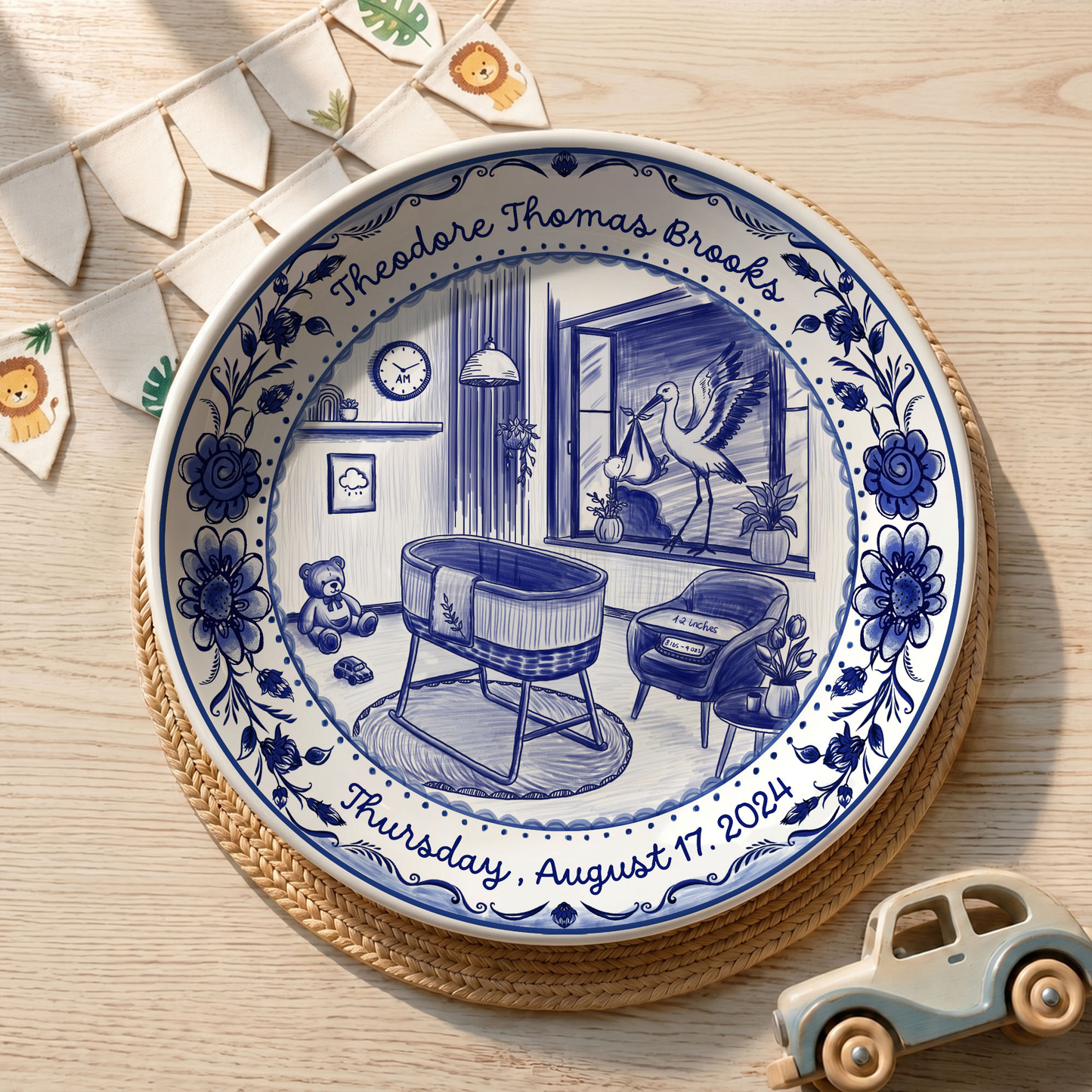 Blue Toile Nursery Room with Stork and Floral Border Personalized Birthday Plate P62FUK0a1
