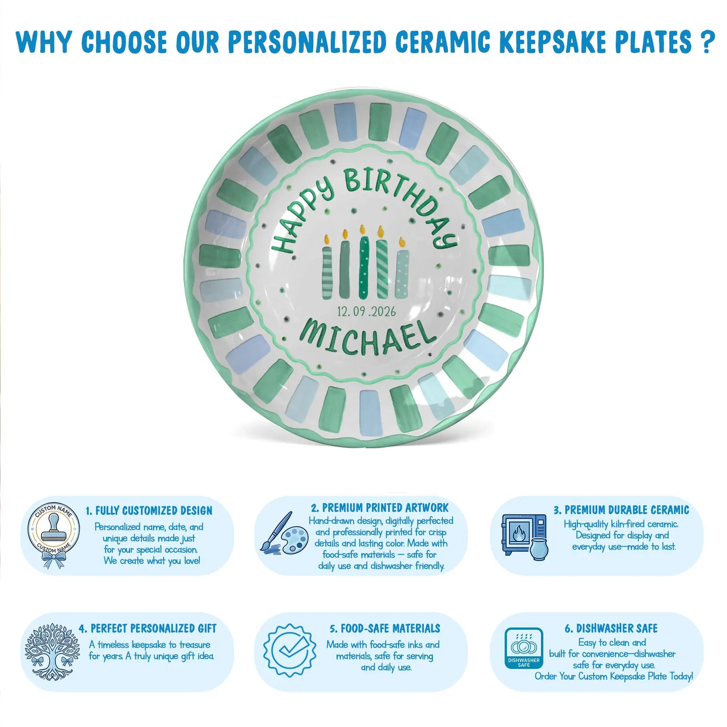 Green and Blue Striped Candle Birthday Personalized Birthday Plate P514G5K0