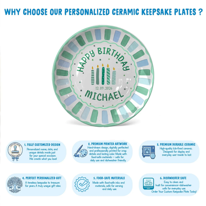 Green and Blue Striped Candle Birthday Personalized Birthday Plate P514G5K0