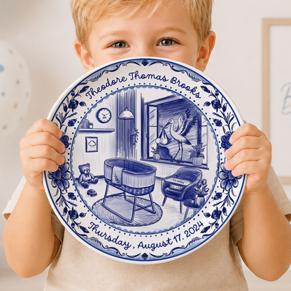 Blue Toile Nursery Room with Stork and Floral Border Personalized Birthday Plate P62FUK0a1