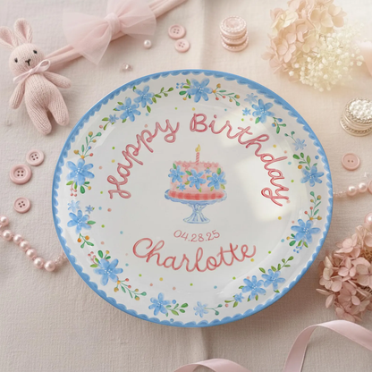 Soft Blue Floral Birthday Cake Personalized Birthday Plate P55EXJ0