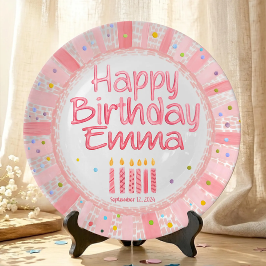 Pink Striped Confetti Border with Birthday Candles Personalized Birthday Plate P428PVR0