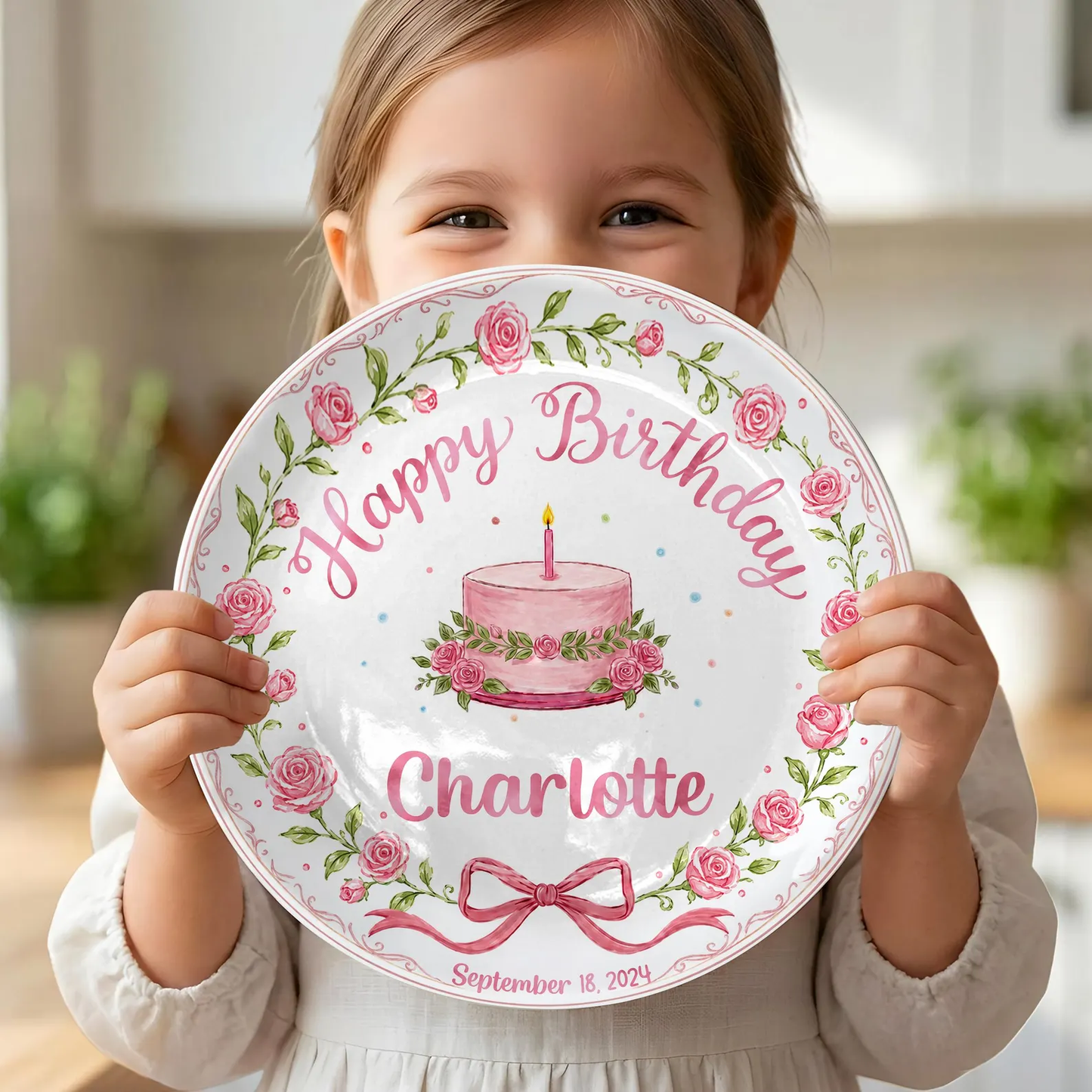 Pink Rose Floral Wreath Cake Personalized Birthday Plate P68VQX0