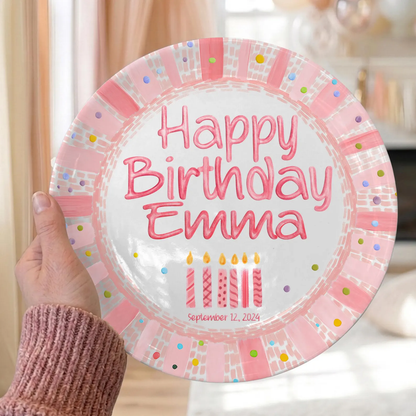 Pink Striped Confetti Border with Birthday Candles Personalized Birthday Plate P428PVR0