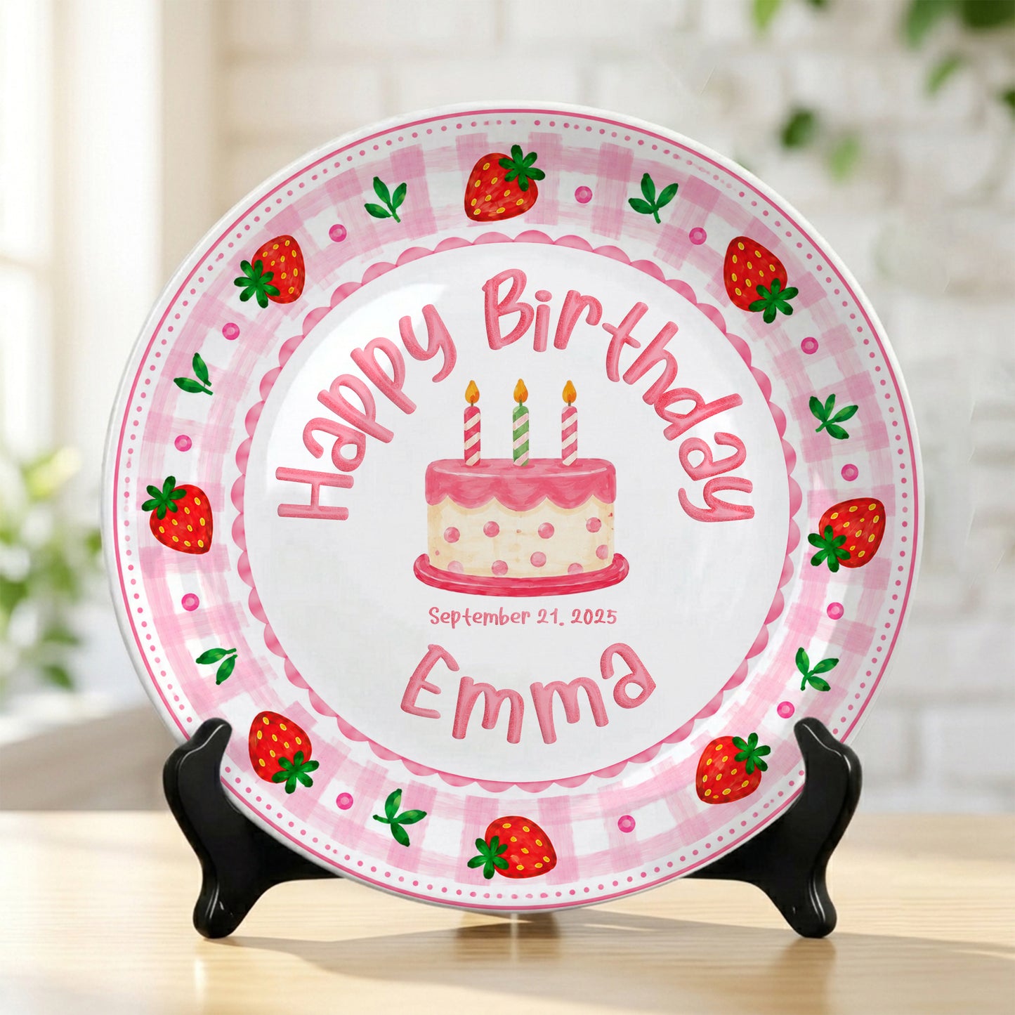 Strawberry Cake Personalized Birthday Plate for Girls, First Birthday Keepsake Gift P730H150