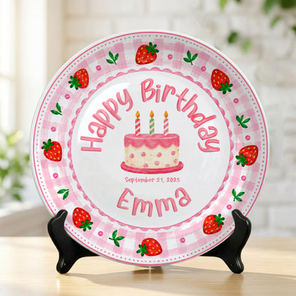 Strawberry Cake Personalized Birthday Plate for Girls, First Birthday Keepsake Gift P730H150