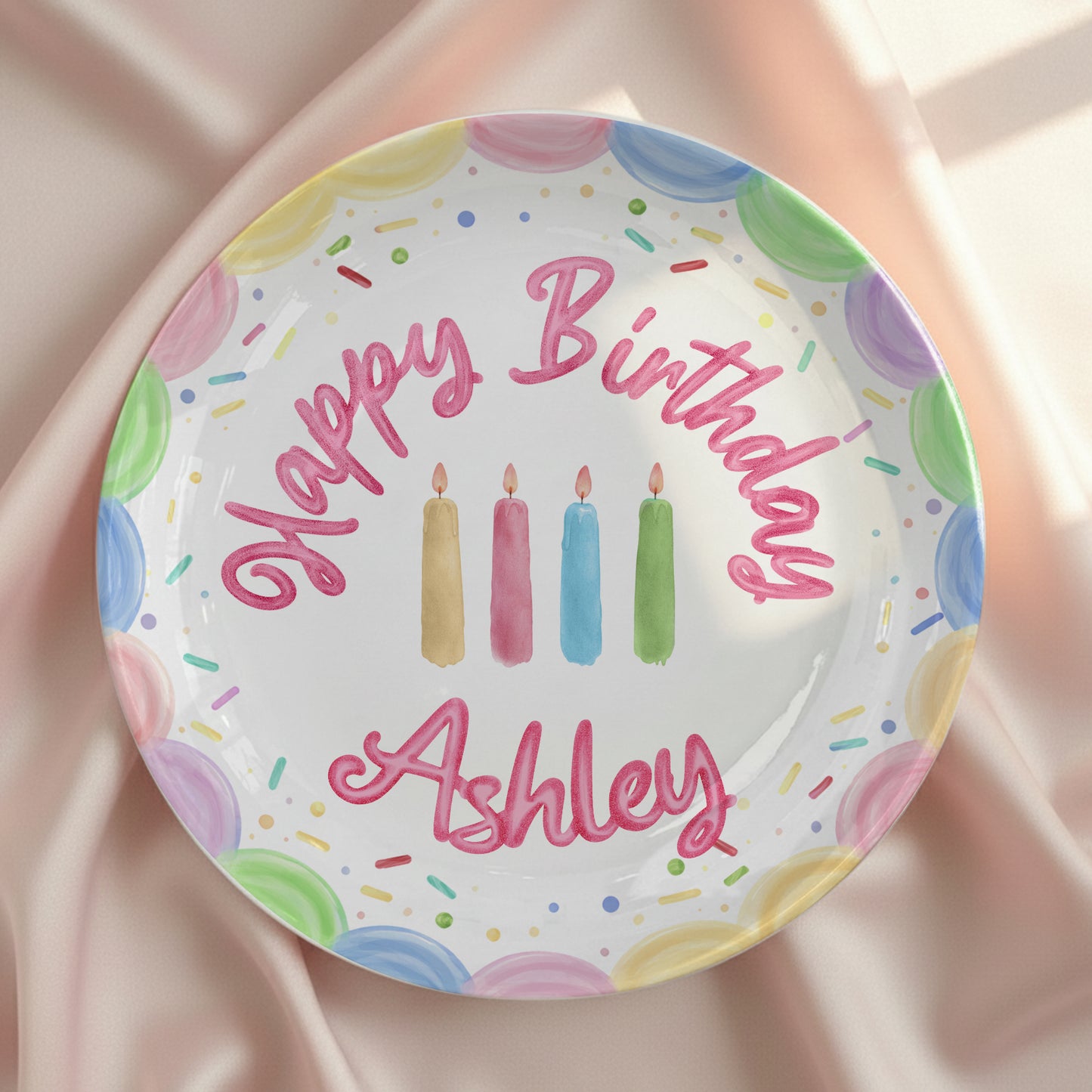 Pastel Candles and Rainbow Border Personalized Birthday Plate P225FQF0