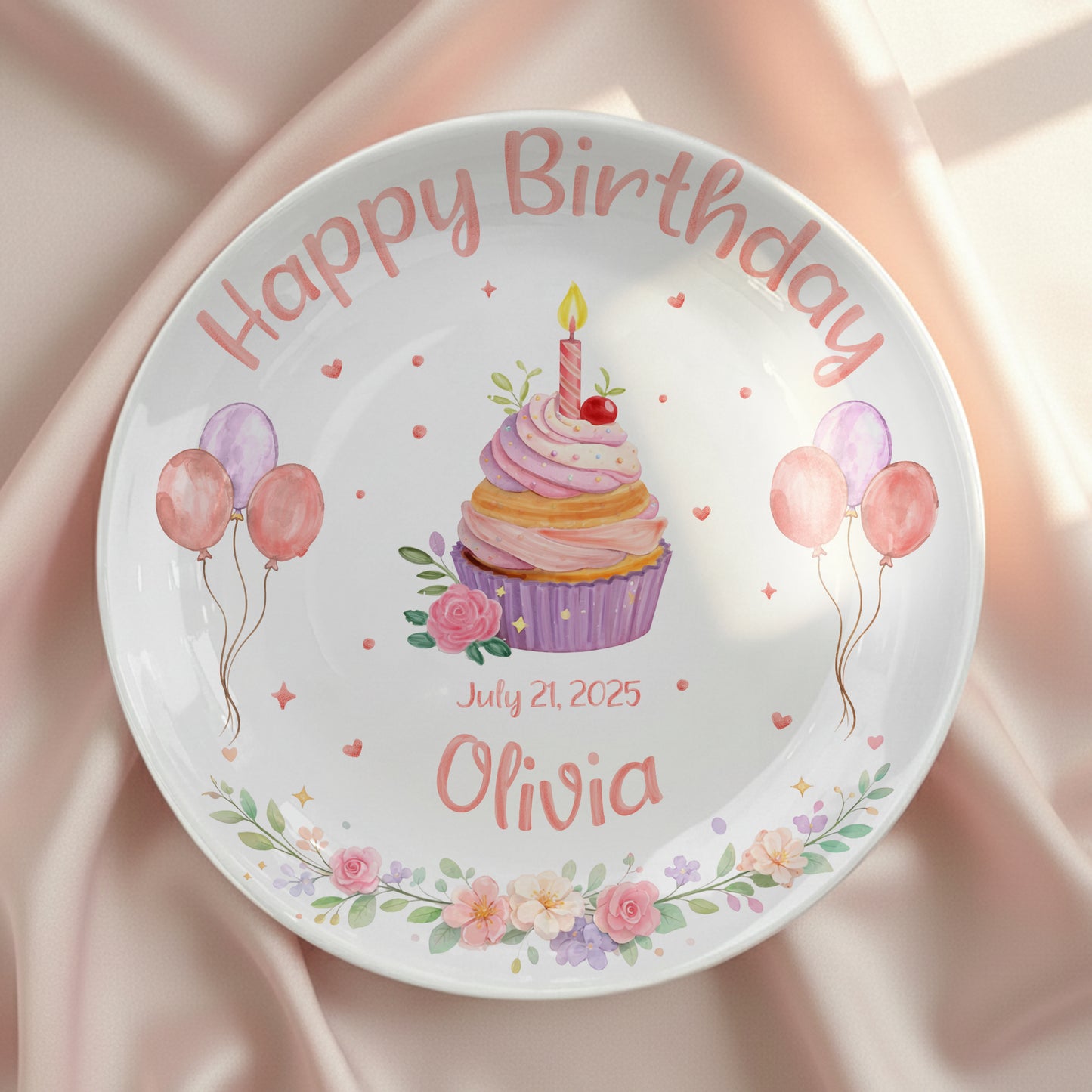 Cupcake with Balloons and Floral Personalized Birthday Plate D319DJS0