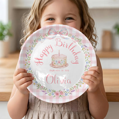 Pink Gingham Bow and Floral Wreath Cake Personalized Birthday Plate P415RRC0