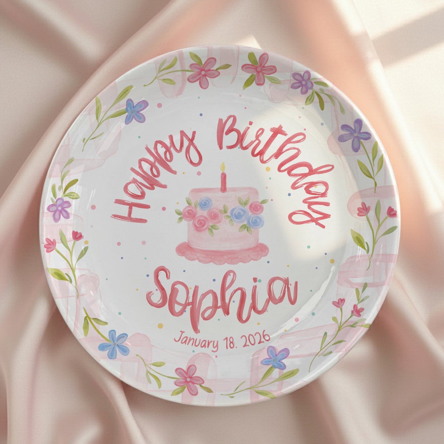 Floral Cake with Blush Border Personalized Birthday Plate P29SK70