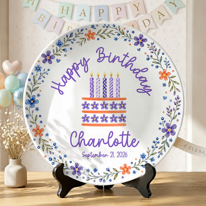 Purple Floral Personalized Birthday Plate for Girls, Custom Birthday Keepsake Gift P723G7E0