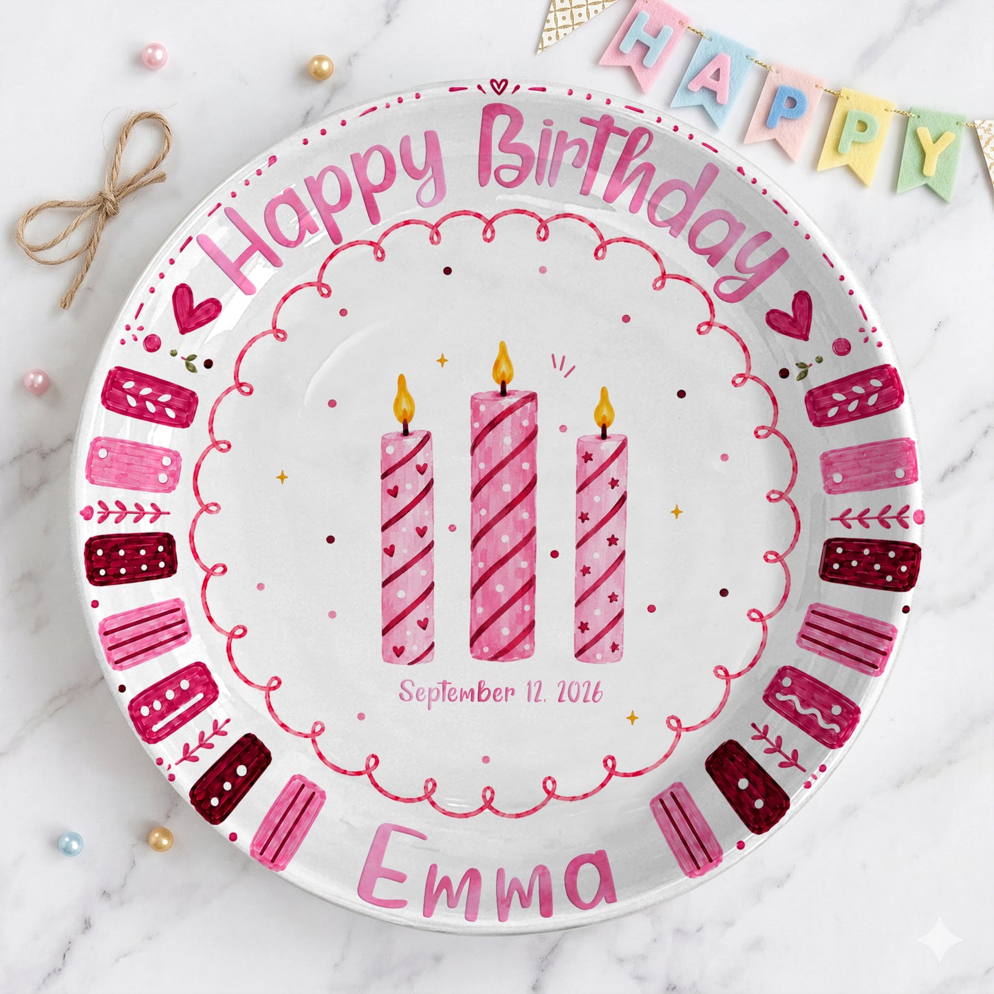 Pink Candle Border with Three Birthday Candles Personalized Birthday Plate P626WXMTT