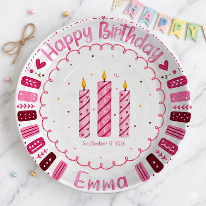 Pink Candle Border with Three Birthday Candles Personalized Birthday Plate P626WXMTT