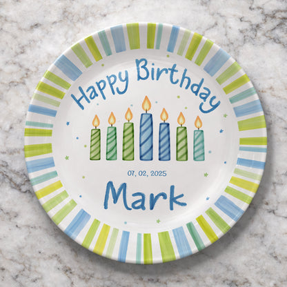 Blue Green Stripe Candle Personalized Birthday Plate for Kids D321PXW0