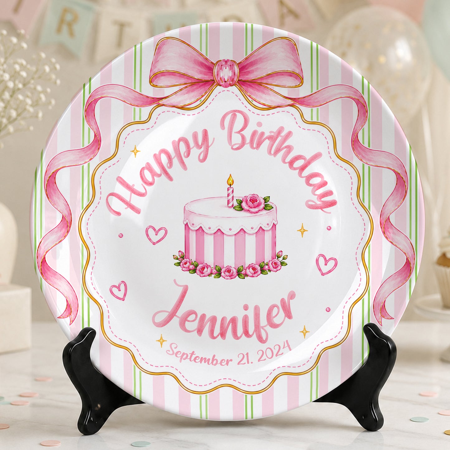 Pink Bow Personalized Birthday Plate for Girls, Custom Birthday Keepsake Gift P730PBN0