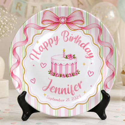 Pink Bow Personalized Birthday Plate for Girls, Custom Birthday Keepsake Gift P730PBN0