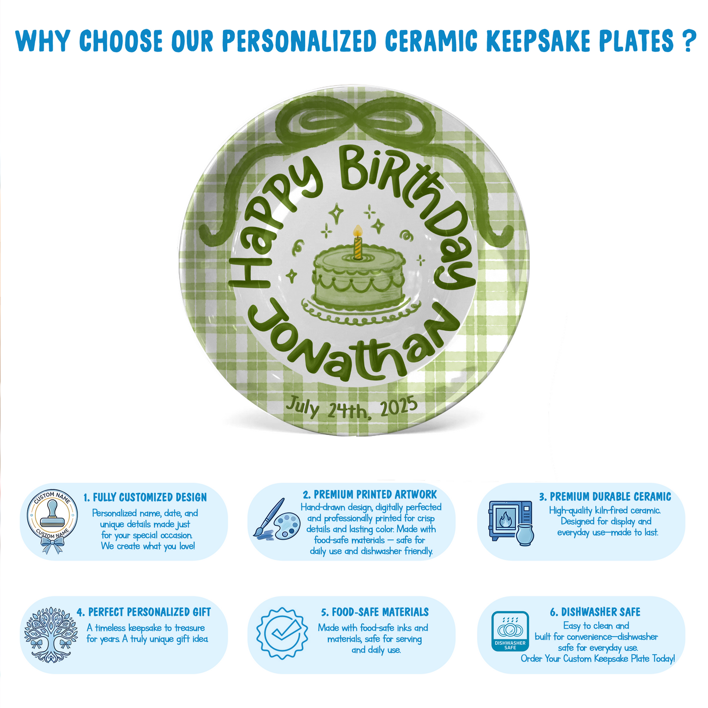 Green Gingham Personalized Birthday Plate P212JEY0