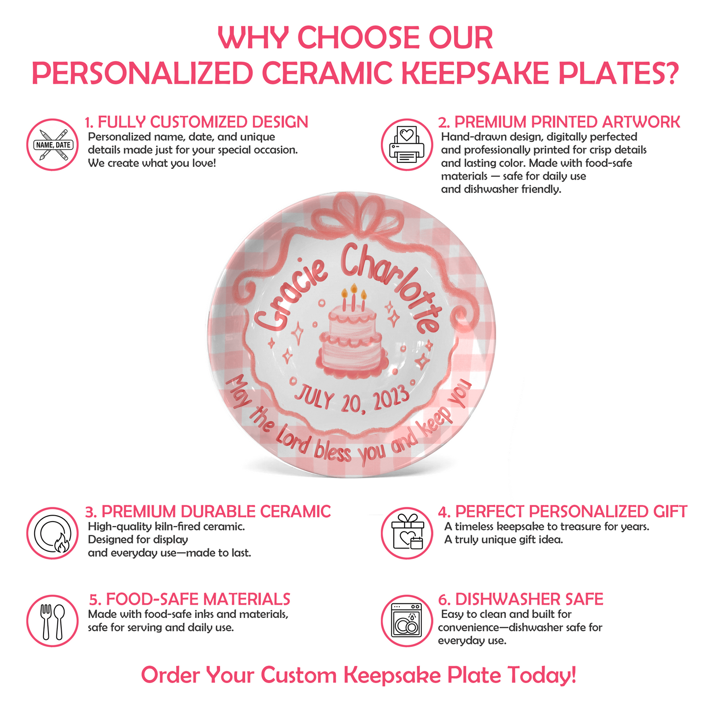 Pink Gingham Bow Cake Personalized Birthday Plate for Girls P212CMT0