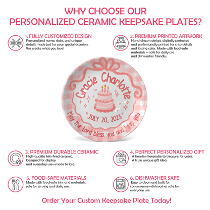 Pink Gingham Bow Cake Personalized Birthday Plate for Girls P212CMT0
